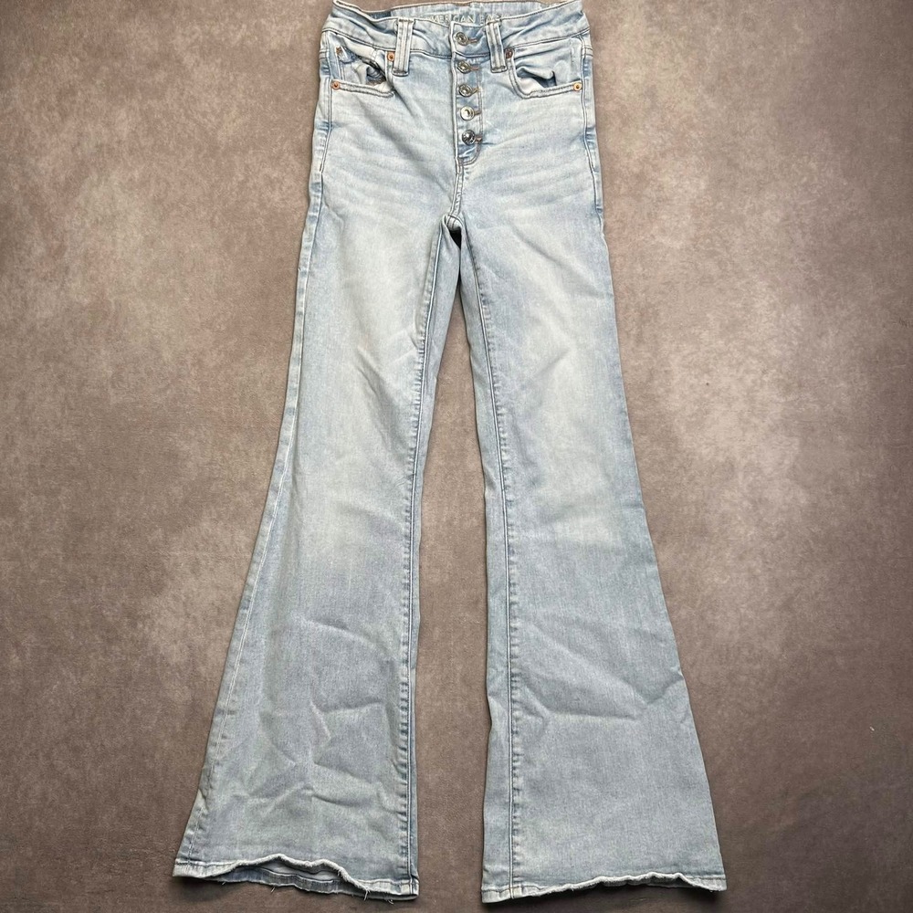 American Eagle Super Hi-Rise Flare Jeans Light Wash Button Fly Size 2 Regular